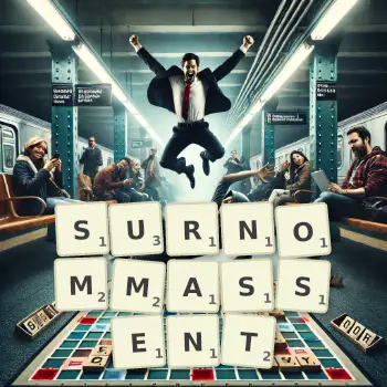 Illustration créative d'un jeu de lettres avec le mot SURNOMMASSENT épelé sur le plateau.