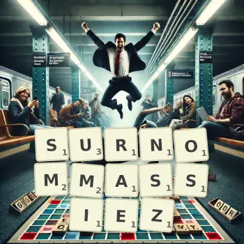 Illustration créative d'un jeu de lettres avec le mot SURNOMMASSIEZ épelé sur le plateau.