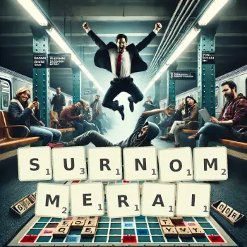 Illustration créative d'un jeu de lettres avec le mot SURNOMMERAI épelé sur le plateau.