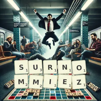 Illustration créative d'un jeu de lettres avec le mot SURNOMMIEZ épelé sur le plateau.