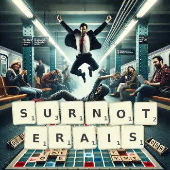 Illustration créative d'un jeu de lettres avec le mot SURNOTERAIS épelé sur le plateau.