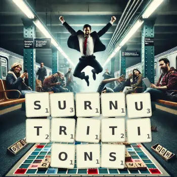 Illustration créative d'un jeu de lettres avec le mot SURNUTRITIONS épelé sur le plateau.