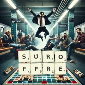 Illustration créative d'un jeu de lettres avec le mot SUROFFRE épelé sur le plateau.