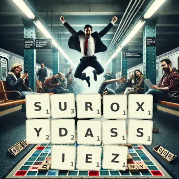Illustration créative d'un jeu de lettres avec le mot SUROXYDASSIEZ épelé sur le plateau.