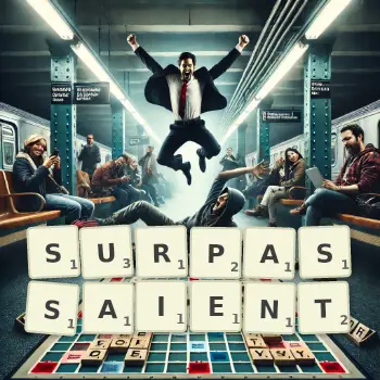 Illustration créative d'un jeu de lettres avec le mot SURPASSAIENT épelé sur le plateau.