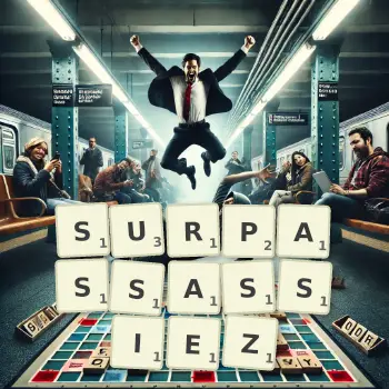 Illustration créative d'un jeu de lettres avec le mot SURPASSASSIEZ épelé sur le plateau.