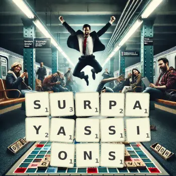 Illustration créative d'un jeu de lettres avec le mot SURPAYASSIONS épelé sur le plateau.