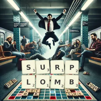 Illustration créative d'un jeu de lettres avec le mot SURPLOMB épelé sur le plateau.