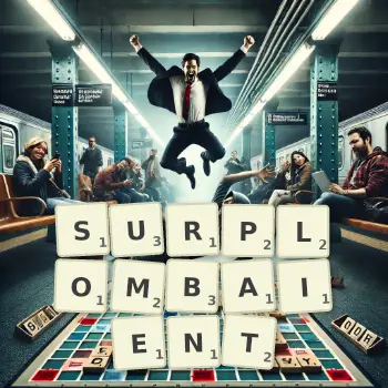 Illustration créative d'un jeu de lettres avec le mot SURPLOMBAIENT épelé sur le plateau.