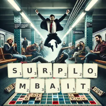 Illustration créative d'un jeu de lettres avec le mot SURPLOMBAIT épelé sur le plateau.