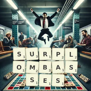 Illustration créative d'un jeu de lettres avec le mot SURPLOMBASSES épelé sur le plateau.