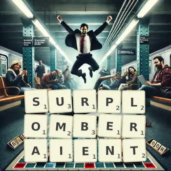 Illustration créative d'un jeu de lettres avec le mot SURPLOMBERAIENT épelé sur le plateau.