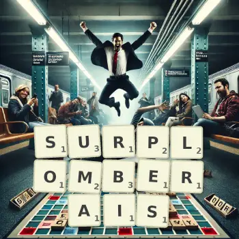 Illustration créative d'un jeu de lettres avec le mot SURPLOMBERAIS épelé sur le plateau.