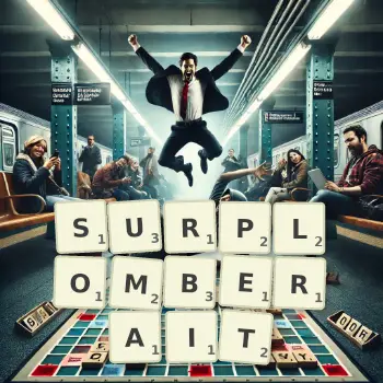Illustration créative d'un jeu de lettres avec le mot SURPLOMBERAIT épelé sur le plateau.