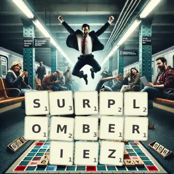 Illustration créative d'un jeu de lettres avec le mot SURPLOMBERIEZ épelé sur le plateau.