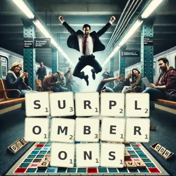 Illustration créative d'un jeu de lettres avec le mot SURPLOMBERONS épelé sur le plateau.