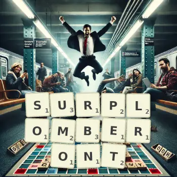 Illustration créative d'un jeu de lettres avec le mot SURPLOMBERONT épelé sur le plateau.
