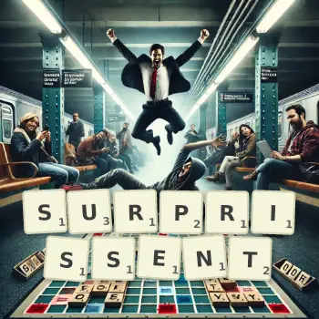 Illustration créative d'un jeu de lettres avec le mot SURPRISSENT épelé sur le plateau.