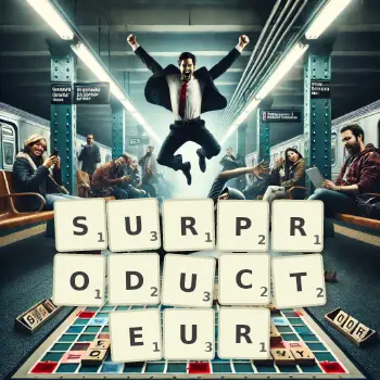Illustration créative d'un jeu de lettres avec le mot SURPRODUCTEUR épelé sur le plateau.
