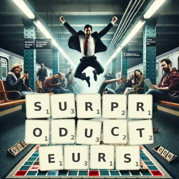 Illustration créative d'un jeu de lettres avec le mot SURPRODUCTEURS épelé sur le plateau.