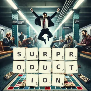 Illustration créative d'un jeu de lettres avec le mot SURPRODUCTION épelé sur le plateau.