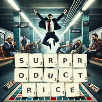 Illustration créative d'un jeu de lettres avec le mot SURPRODUCTRICE épelé sur le plateau.