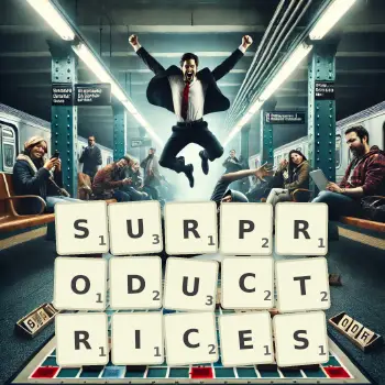 Illustration créative d'un jeu de lettres avec le mot SURPRODUCTRICES épelé sur le plateau.