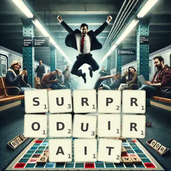 Illustration créative d'un jeu de lettres avec le mot SURPRODUIRAIT épelé sur le plateau.