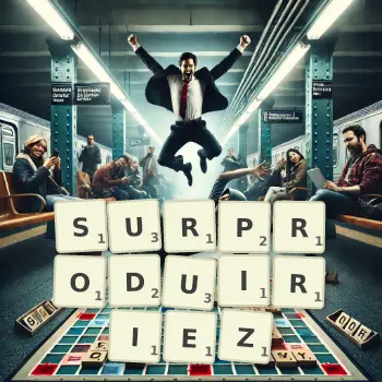Illustration créative d'un jeu de lettres avec le mot SURPRODUIRIEZ épelé sur le plateau.