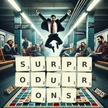 Illustration créative d'un jeu de lettres avec le mot SURPRODUIRONS épelé sur le plateau.