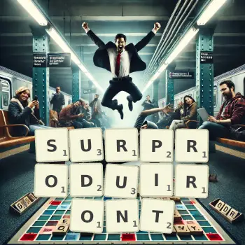 Illustration créative d'un jeu de lettres avec le mot SURPRODUIRONT épelé sur le plateau.