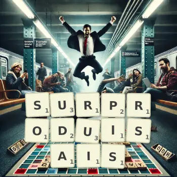 Illustration créative d'un jeu de lettres avec le mot SURPRODUISAIS épelé sur le plateau.