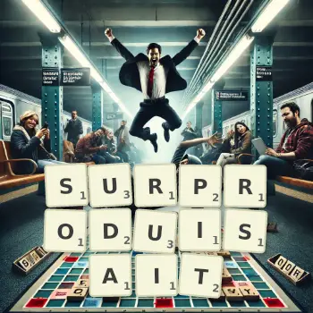 Illustration créative d'un jeu de lettres avec le mot SURPRODUISAIT épelé sur le plateau.