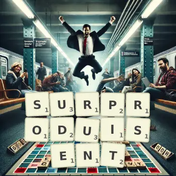 Illustration créative d'un jeu de lettres avec le mot SURPRODUISENT épelé sur le plateau.