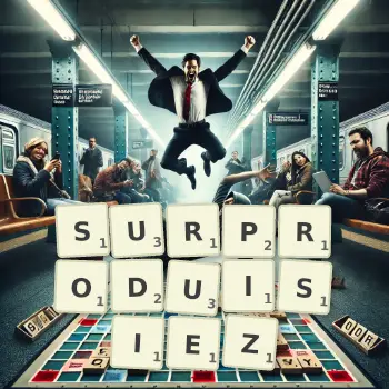 Illustration créative d'un jeu de lettres avec le mot SURPRODUISIEZ épelé sur le plateau.