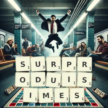 Illustration créative d'un jeu de lettres avec le mot SURPRODUISIMES épelé sur le plateau.