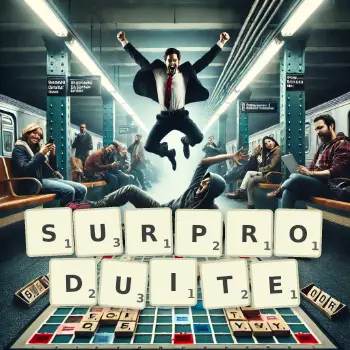 Illustration créative d'un jeu de lettres avec le mot SURPRODUITE épelé sur le plateau.