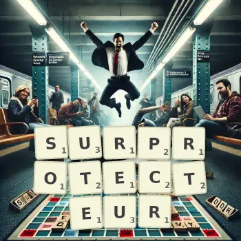 Illustration créative d'un jeu de lettres avec le mot SURPROTECTEUR épelé sur le plateau.