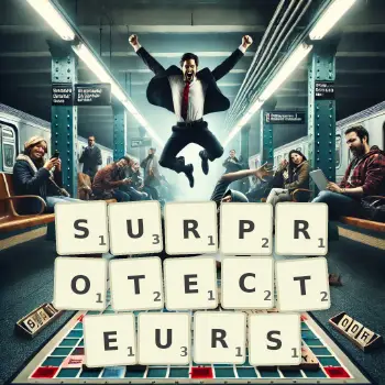 Illustration créative d'un jeu de lettres avec le mot SURPROTECTEURS épelé sur le plateau.
