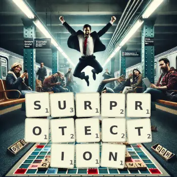Illustration créative d'un jeu de lettres avec le mot SURPROTECTION épelé sur le plateau.