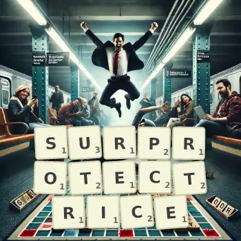 Illustration créative d'un jeu de lettres avec le mot SURPROTECTRICE épelé sur le plateau.