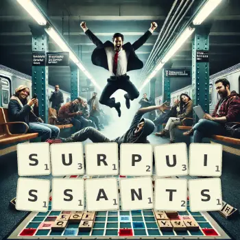 Illustration créative d'un jeu de lettres avec le mot SURPUISSANTS épelé sur le plateau.