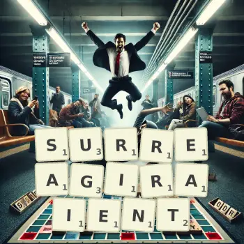 Illustration créative d'un jeu de lettres avec le mot SURREAGIRAIENT épelé sur le plateau.