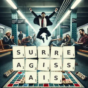 Illustration créative d'un jeu de lettres avec le mot SURREAGISSAIS épelé sur le plateau.