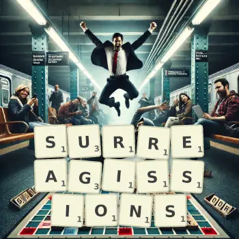 Illustration créative d'un jeu de lettres avec le mot SURREAGISSIONS épelé sur le plateau.