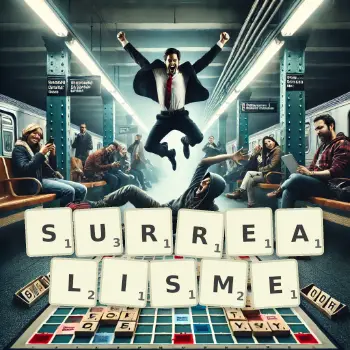 Illustration créative d'un jeu de lettres avec le mot SURREALISME épelé sur le plateau.