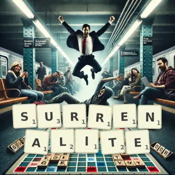 Illustration créative d'un jeu de lettres avec le mot SURRENALITE épelé sur le plateau.