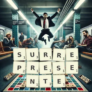Illustration créative d'un jeu de lettres avec le mot SURREPRESENTE épelé sur le plateau.