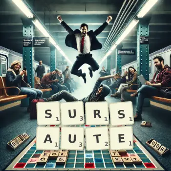 Illustration créative d'un jeu de lettres avec le mot SURSAUTE épelé sur le plateau.