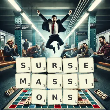 Illustration créative d'un jeu de lettres avec le mot SURSEMASSIONS épelé sur le plateau.